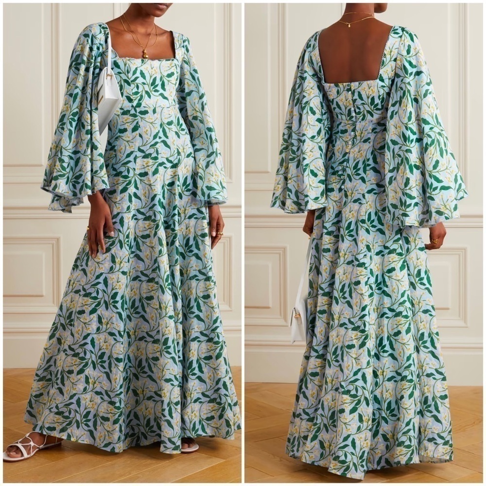 Agua By Agua Bendita Cumbia Bell-Sleeve Floral Linen Maxi Dress